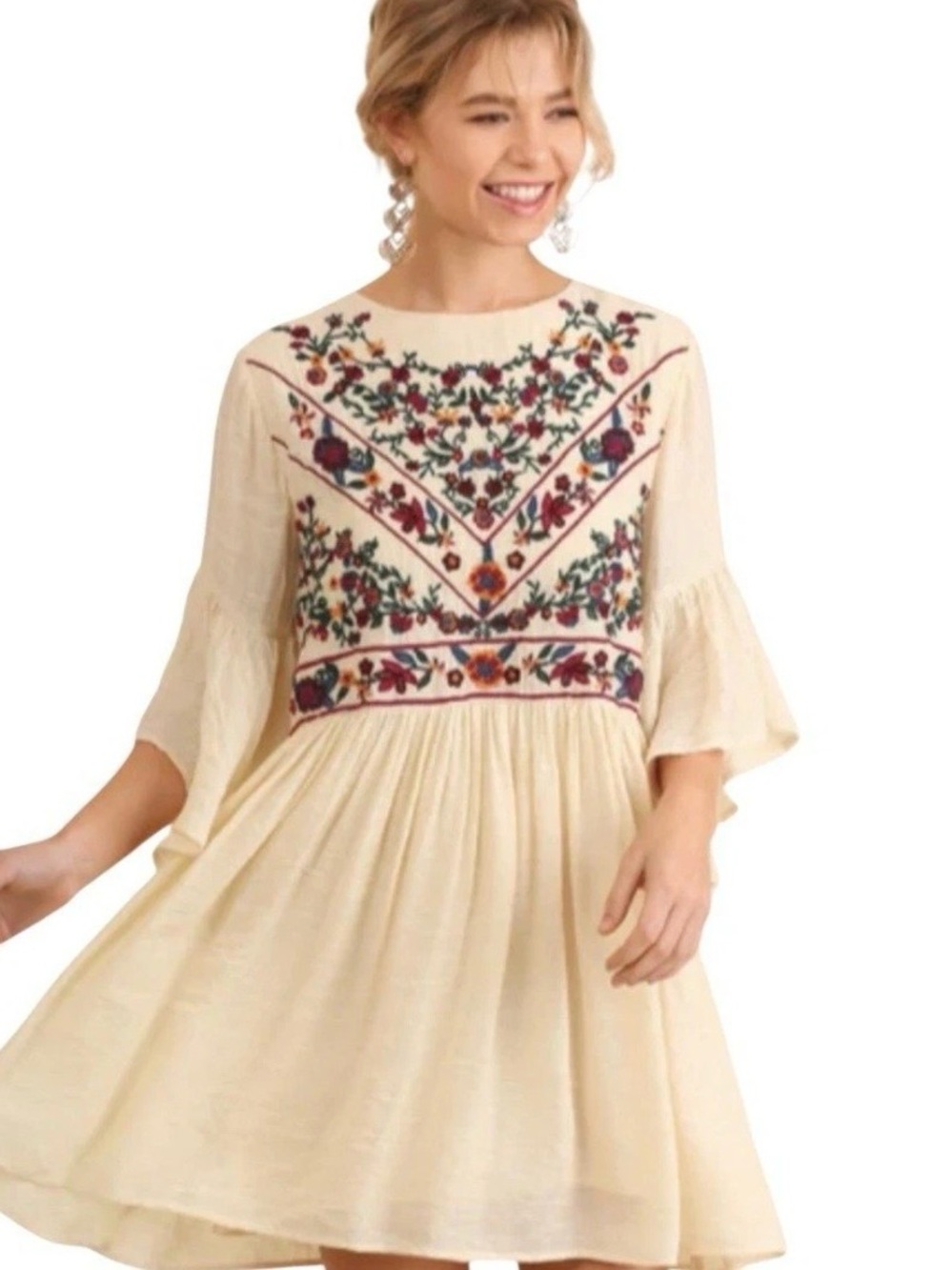 Umgee Boho Bliss Mini Dress Floral Embroidered Babydoll Bell Sleeve Festival